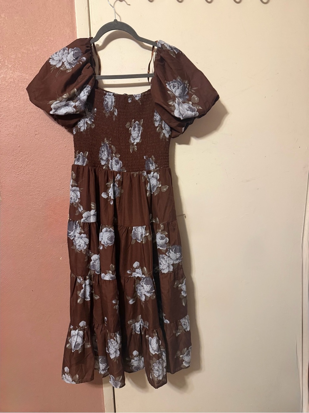 Smocked Brown Floral Midi Dress with Puff Sleeves